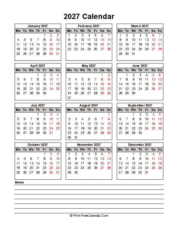 printable 2027 calendar bottom notes portrait monday start