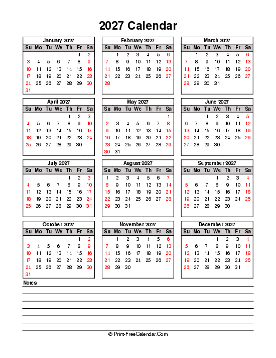 printable 2027 calendar sunday start bottom notes portrait