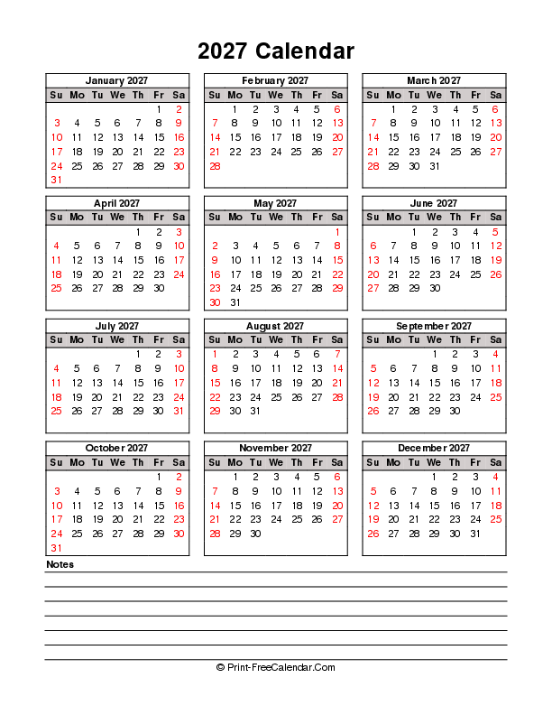 printable 2027 calendar sunday start bottom notes portrait