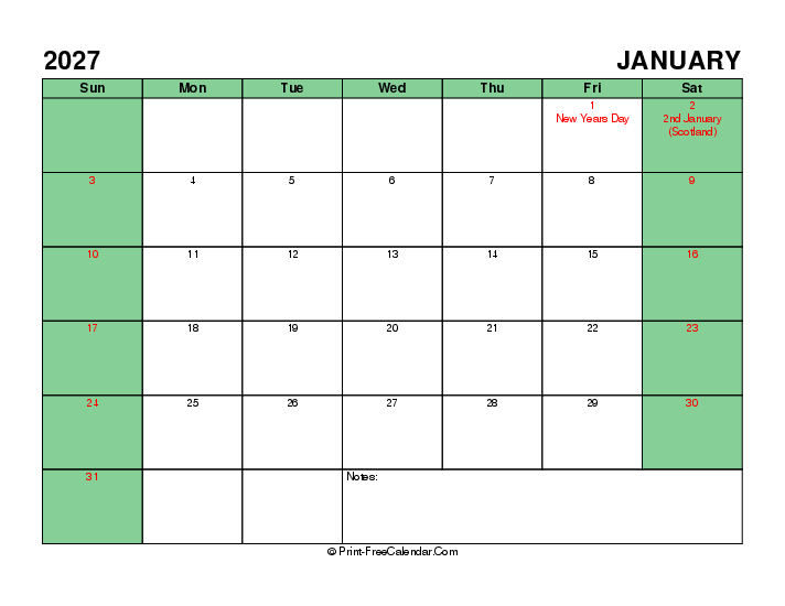 printable 2027 january calendar with uk-bank holidays, week start on sunday, Landscape orientation