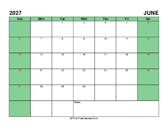 printable 2027 june calendar with usa holidays, week start on sunday, Landscape orientation