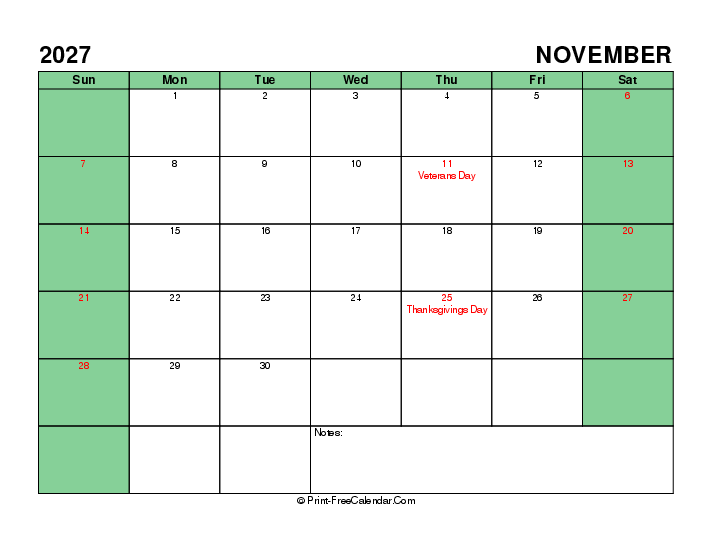 Printable 2027 November Calendar With Usa Holidays Sunday Start, Landscape Layout