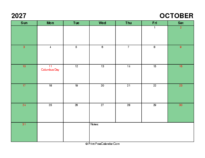 Printable 2027 October Calendar With Usa Holidays Sunday Start, Landscape Layout