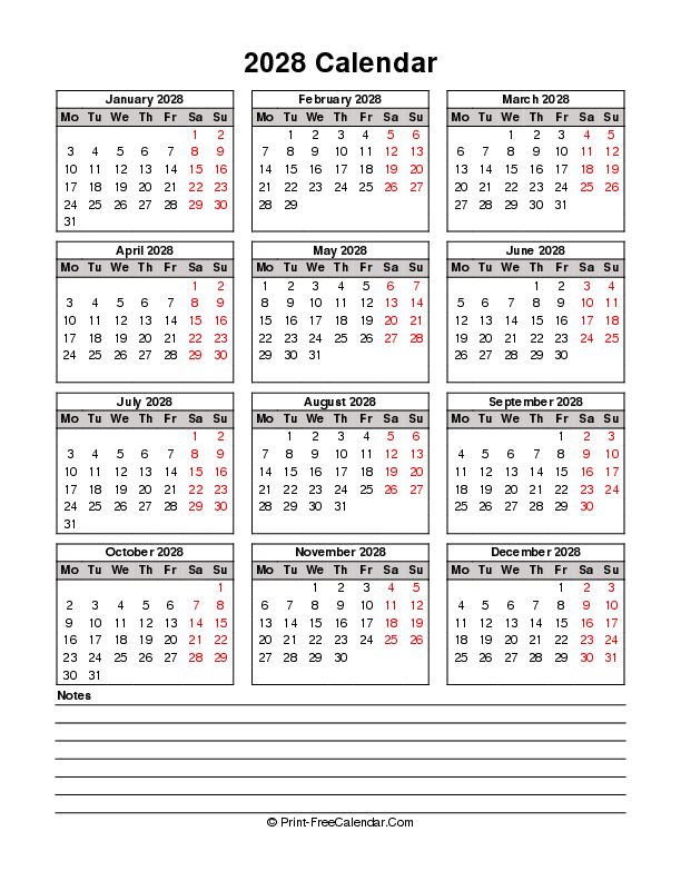 printable 2028 calendar bottom notes portrait monday start