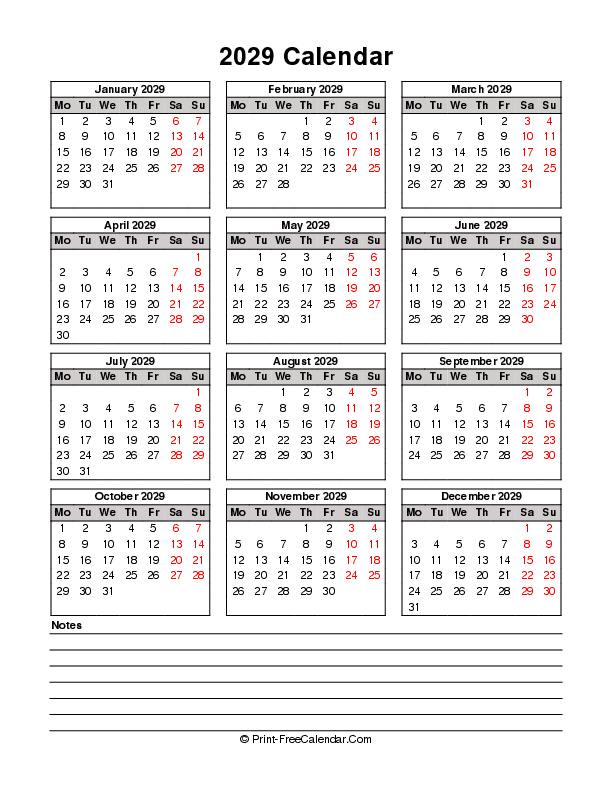 Printable 2029 Calendar Bottom Notes, Portrait Layout Monday Start