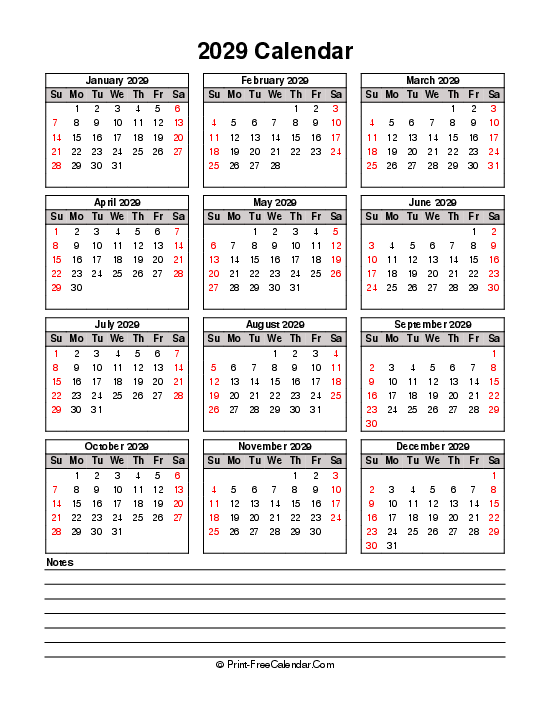 printable 2029 calendar sunday start bottom notes portrait