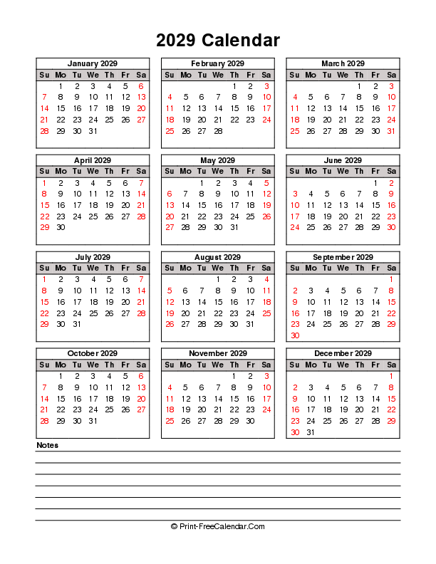 printable 2029 calendar sunday start bottom notes portrait