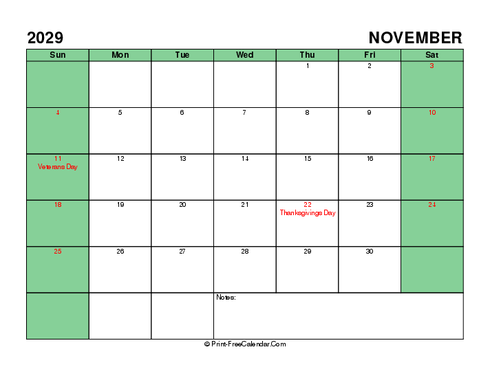 printable 2029 november calendar with usa holidays, week start on sunday, Landscape orientation