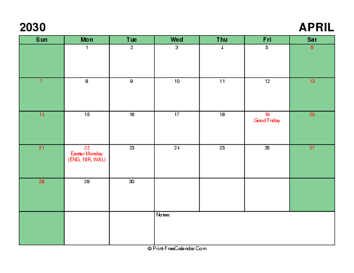 Printable 2030 April Calendar With Uk Bank Holidays Sunday Start, Landscape Layout