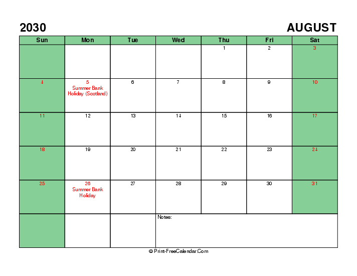 printable 2030 august calendar with uk-bank holidays, week start on sunday, Landscape orientation
