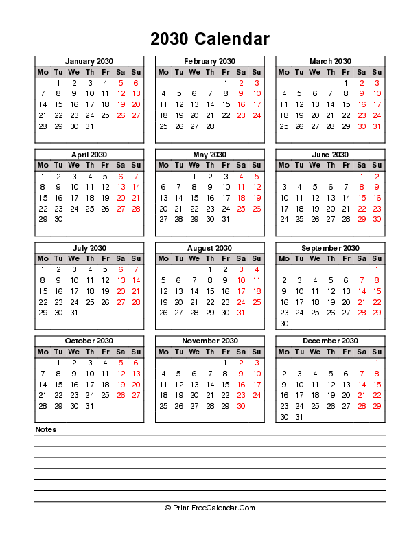 Printable 2030 Calendar Bottom Notes, Portrait Layout Monday Start