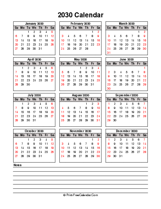 printable 2030 calendar sunday start bottom notes portrait