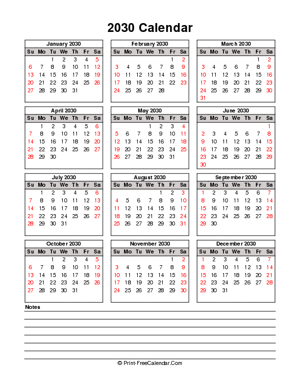 printable 2030 calendar sunday start bottom notes portrait