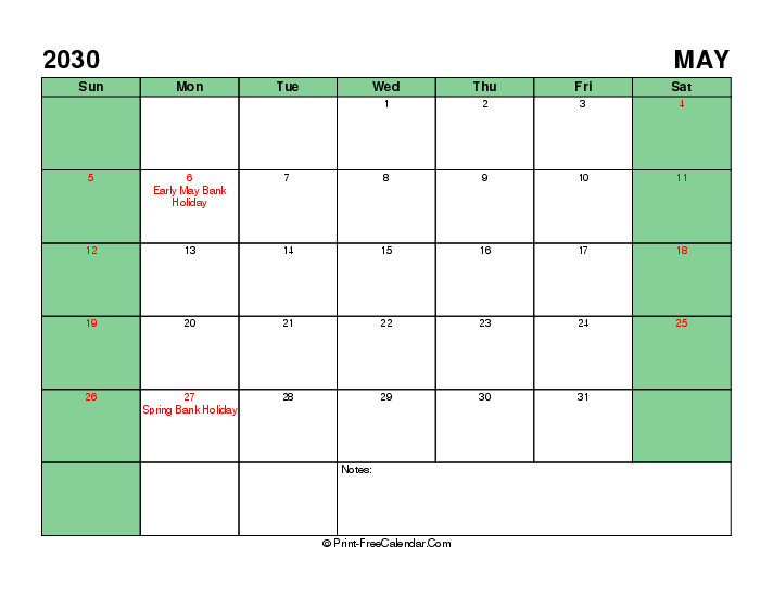 printable 2030 may calendar with uk-bank holidays, week start on sunday, Landscape orientation