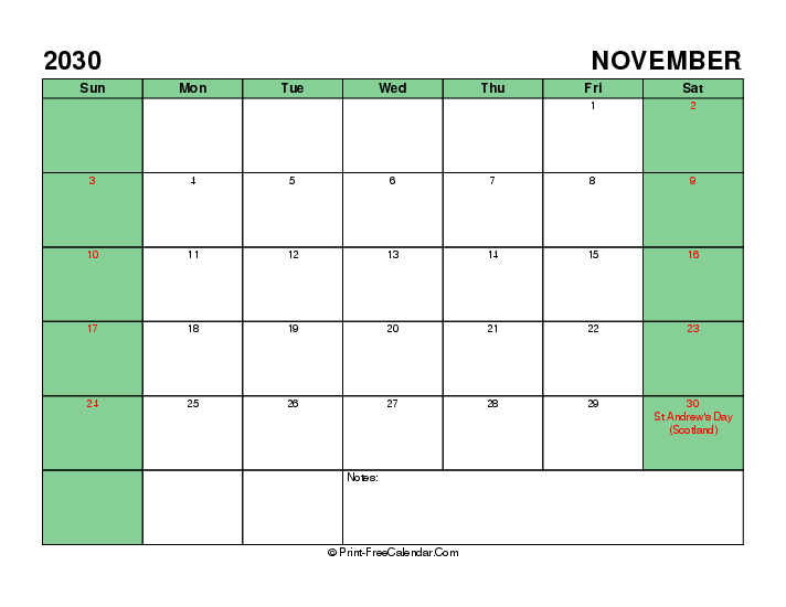 printable 2030 november calendar with uk-bank holidays, week start on sunday, Landscape orientation