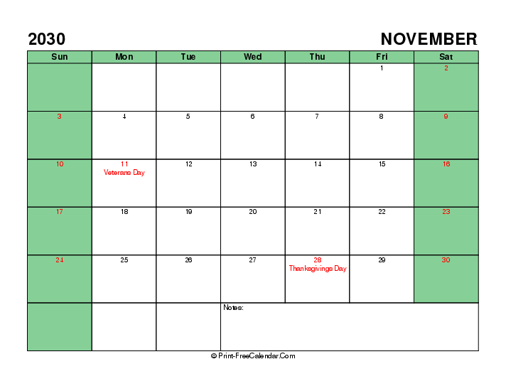 Printable 2030 November Calendar With Usa Holidays Sunday Start, Landscape Layout