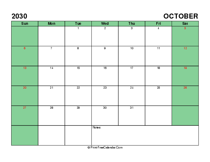 Printable 2030 October Calendar With Uk Bank Holidays Sunday Start, Landscape Layout