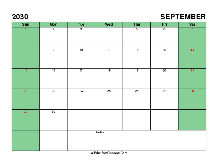 printable 2030 september calendar with uk-bank holidays, week start on sunday, Landscape orientation