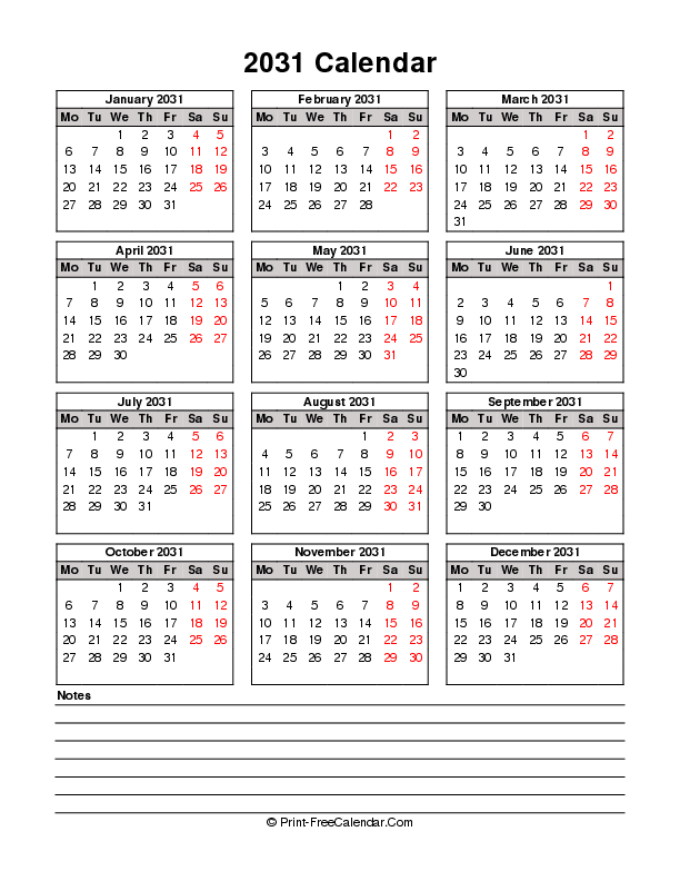 printable 2031 calendar bottom notes portrait monday start