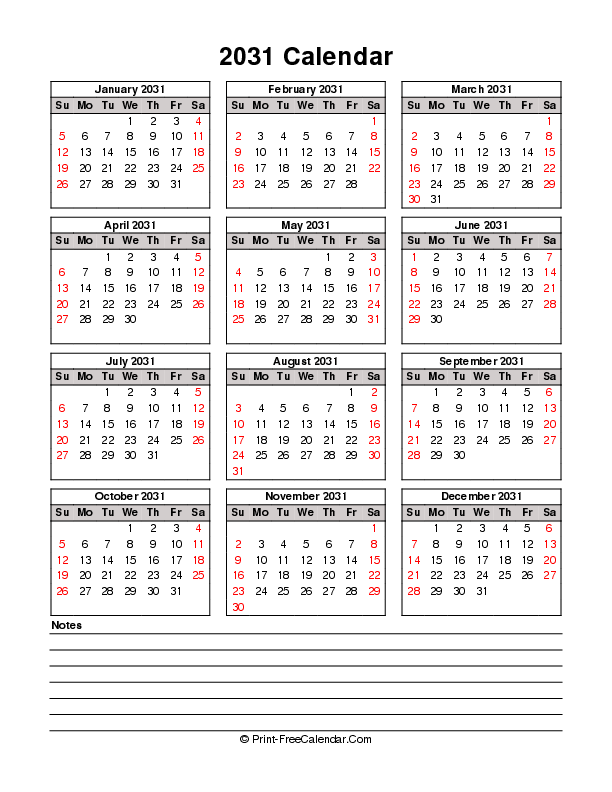 printable 2031 calendar sunday start bottom notes portrait