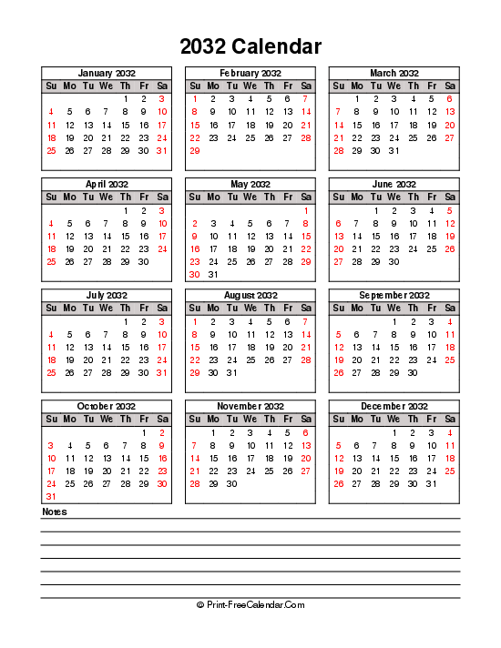 printable 2032 calendar sunday start bottom notes portrait