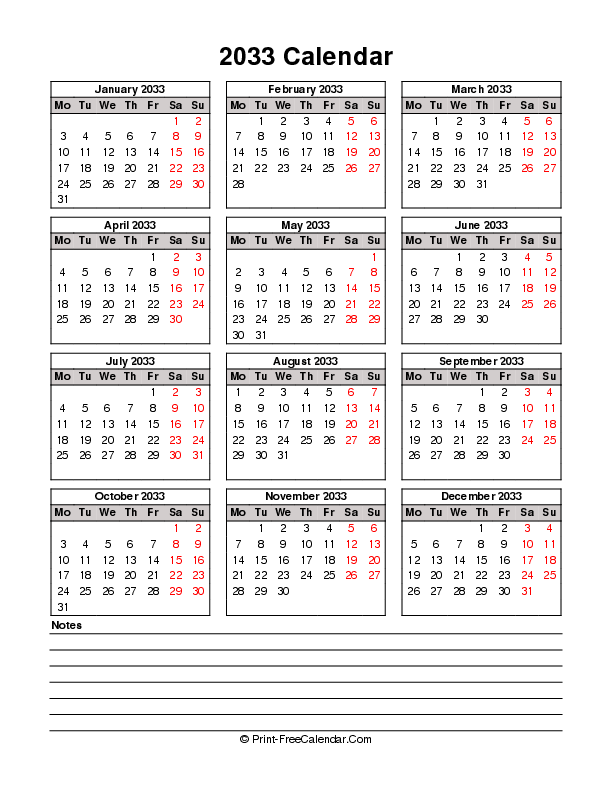 Printable 2033 Calendar Bottom Notes, Portrait Layout Monday Start