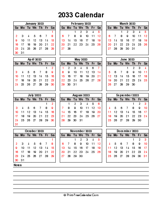 printable 2033 calendar sunday start bottom notes portrait
