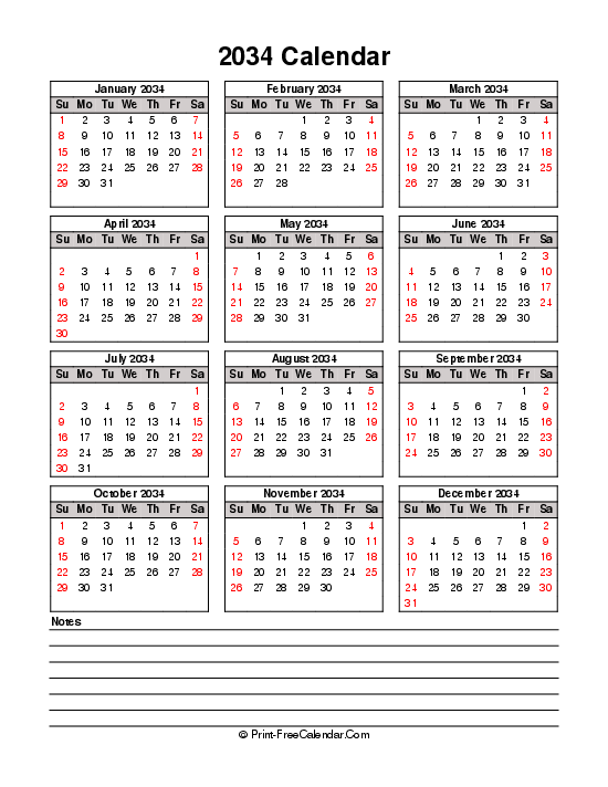 printable 2034 calendar sunday start bottom notes portrait