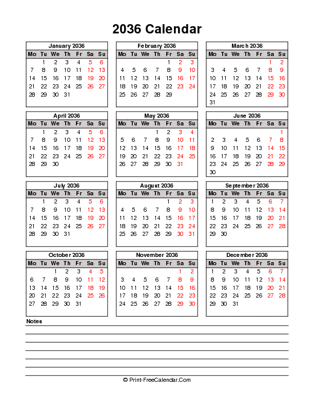printable 2036 calendar bottom notes portrait monday start
