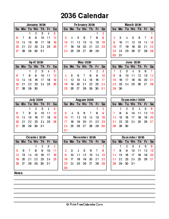 printable 2036 calendar sunday start bottom notes portrait
