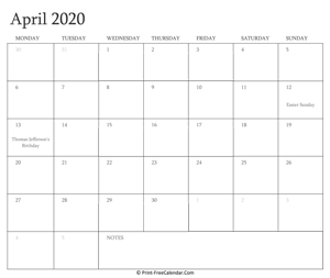printable april calendar 2020 with holidays