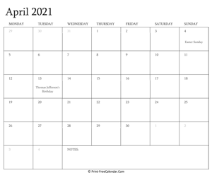printable april calendar 2021 with holidays