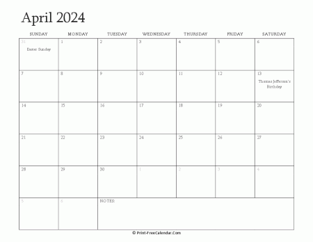 printable april calendar 2024 with holidays
