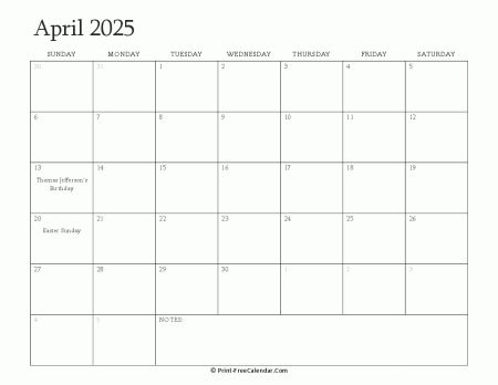 printable april calendar 2025 with holidays