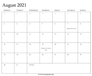 printable august calendar 2021 with holidays