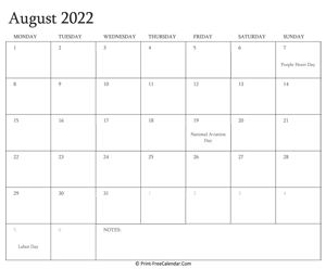 printable august calendar 2022 with holidays