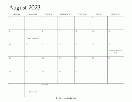 printable august calendar 2023 with holidays