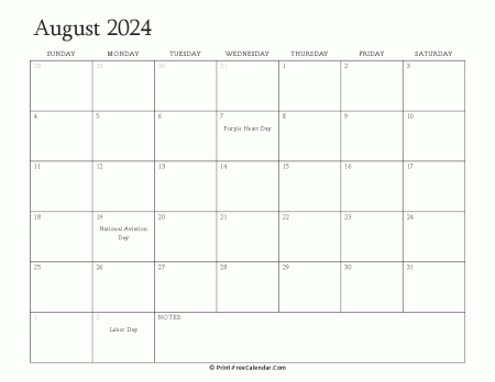 printable august calendar 2024 with holidays