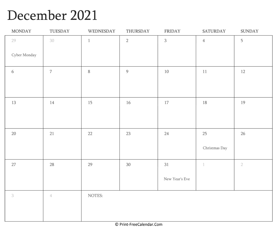 Printable December Calendar 2021 with Holidays