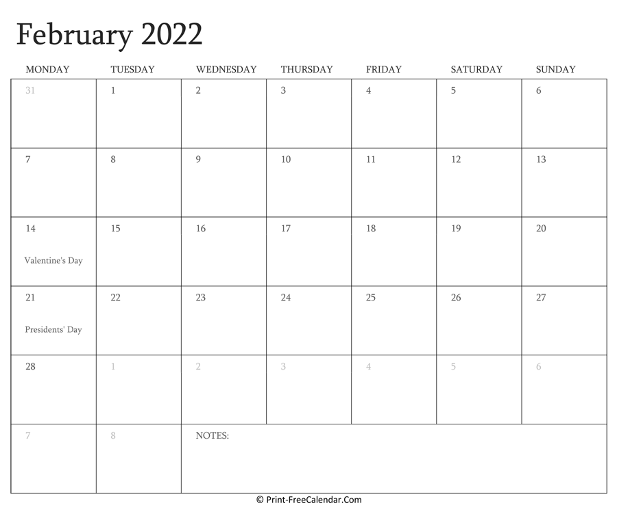 Printable February Calendar 2022 with Holidays