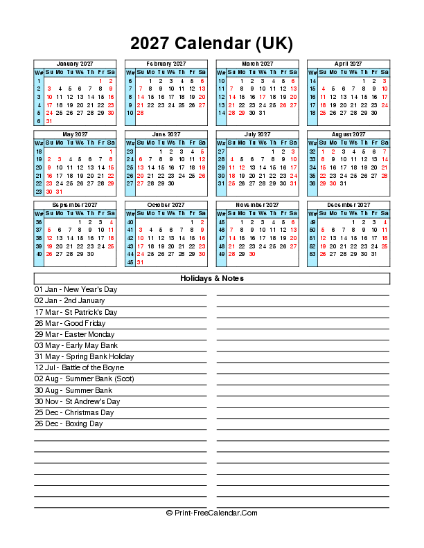 printable full year calendar 2027 with uk-bank holidays, week start on sunday, Portrait orientation