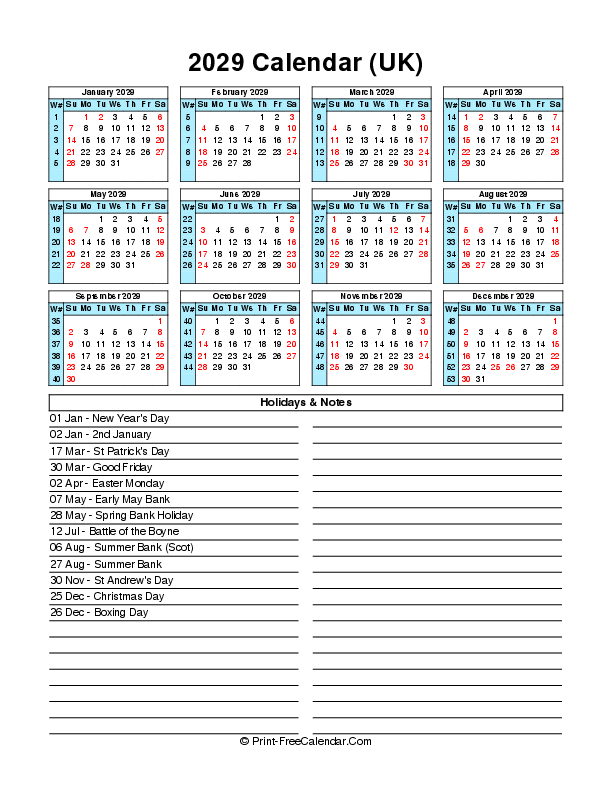 printable full year calendar 2029 with uk-bank holidays, week start on sunday, Portrait orientation