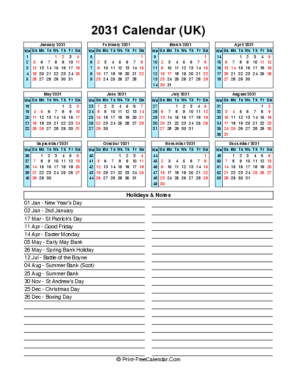 printable full year calendar 2031 with uk-bank holidays, week start on sunday, Portrait orientation