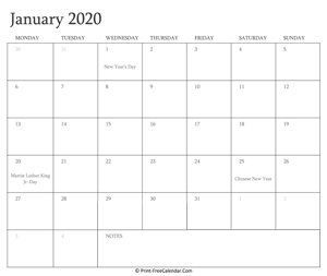 printable january calendar 2020 with holidays