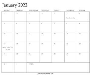 printable january calendar 2022 with holidays