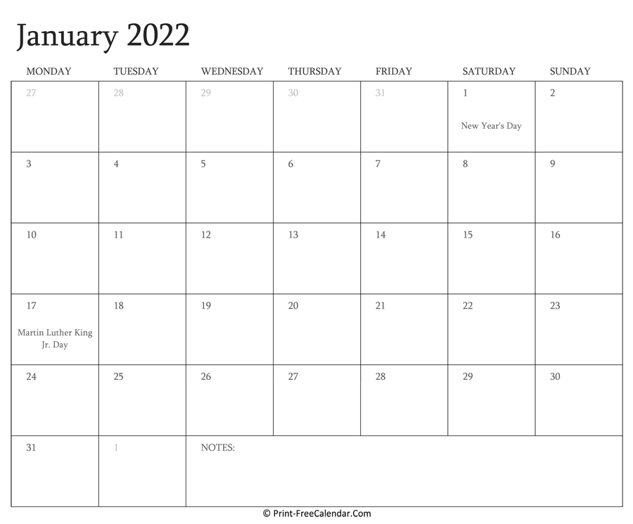 Printable January Calendar 2022 with Holidays
