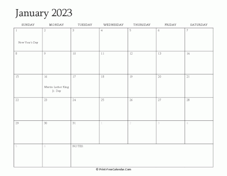 printable january calendar 2023 with holidays