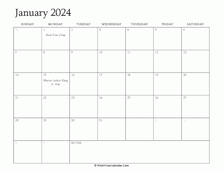 printable january calendar 2024 with holidays