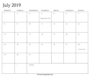 printable july calendar 2019 with holidays