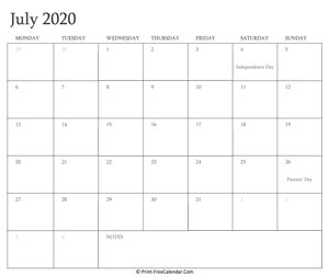 printable july calendar 2020 with holidays